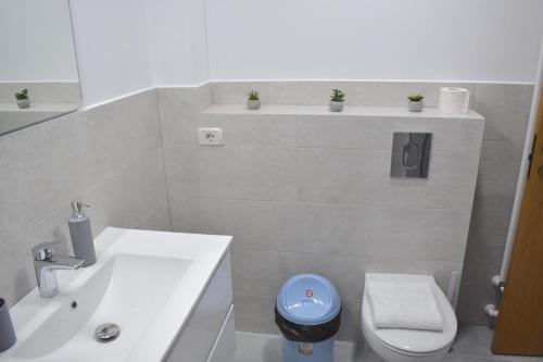 a bathroom with a white sink and a toilet at Cosy&Minimalistic Apartments - Haret Building in Sinaia
