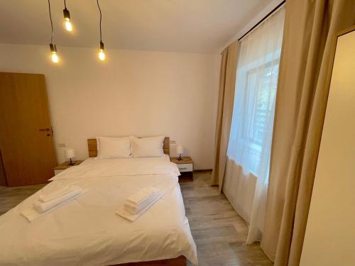 a bedroom with a bed and a large window at Cosy&Minimalistic Apartments - Haret Building in Sinaia
