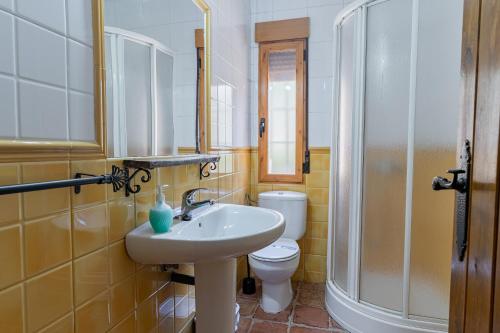 a bathroom with a sink and a toilet and a shower at Complejo Rural Rio Tus in Yeste