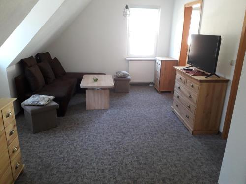 a living room with a couch and a tv at Ferinwohnung an der Promnitz Radeburg in Radeburg
