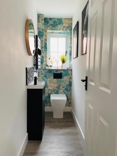 a bathroom with a toilet and a sink and a mirror at The Ely Retreat in Ely