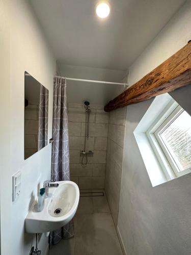 uma casa de banho com um lavatório e um chuveiro em Attic Room em Korsør