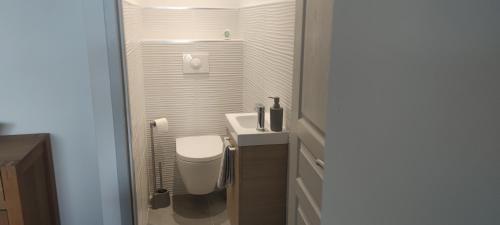 La salle de bains est pourvue de toilettes blanches et d'un lavabo. dans l'établissement F4 à Porticcio avec piscine et vue sur mer, à Porticcio