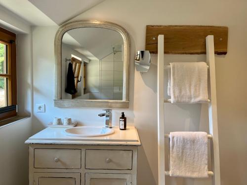 uma casa de banho com um lavatório e um espelho em Stimbekhof em Bispingen