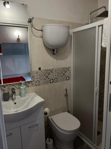 a small bathroom with a toilet and a sink at Agriturismo Quartuccio in Oricola