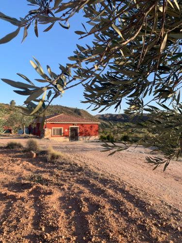 a red house in the middle of a dirt road at Valley Views Full House Stargazing in Valencia in Ayora