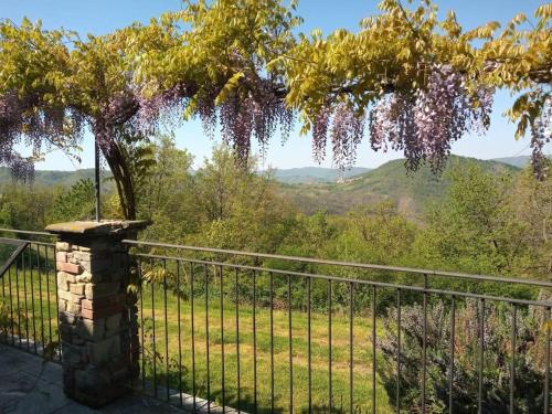a balcony with a fence and a tree with purple flowers at Agriturismo Cascina Bozzetti - Tutta La Struttura in Esclusiva in Pareto