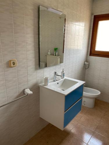 uma casa de banho com um lavatório, um espelho e um WC. em Masos de Pals em Pals
