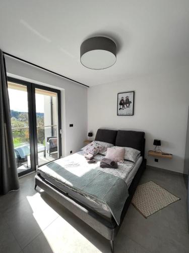 - une chambre avec un lit et une grande fenêtre dans l'établissement Apartament w Dolinie Sanu, à Lesko