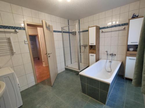 a bathroom with a tub and a sink and a shower at Ferienwohnungen Amselweg in Brandenburg West