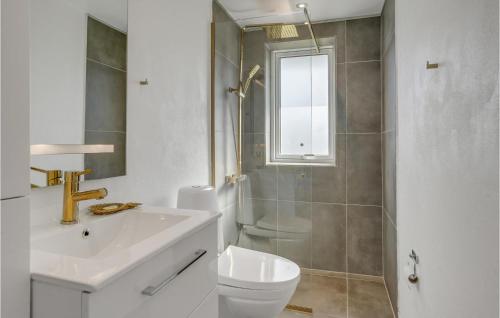 ein Bad mit einem WC, einem Waschbecken und einer Dusche in der Unterkunft 4 Bedroom Awesome Home In Odder in Odder