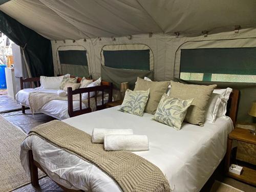 um quarto com 2 camas numa tenda em MOZBEVOK Coconut View Resort em Ponta do Ouro