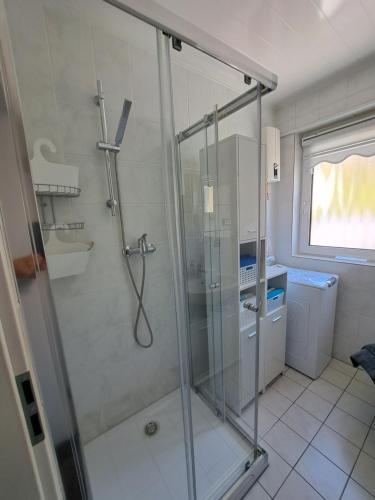 a bathroom with a shower with a glass door at Ferienwohnung Galina 1 in Rockenhausen