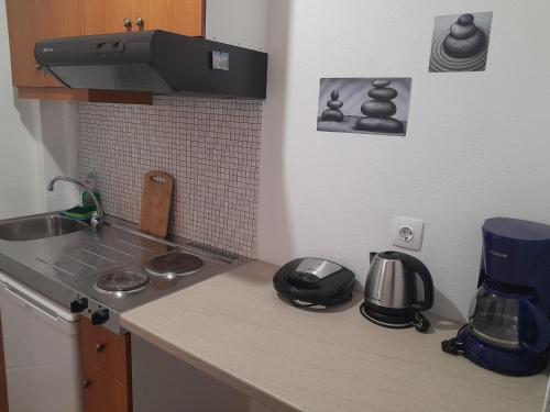 eine Küche mit einer Spüle und einer Arbeitsplatte in der Unterkunft Livikon Studios & Rooms in Rodakino