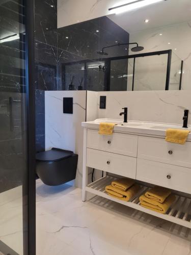 a bathroom with a white sink and a mirror at Apartament Danoe in Łódź