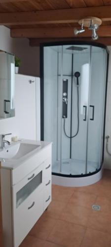 uma casa de banho com um chuveiro, um lavatório e um espelho. em Pensión Boavista em Portomarin
