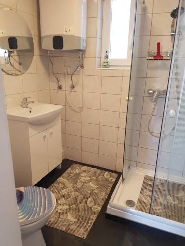 a bathroom with a shower and a toilet and a sink at Napfény szálló in Galambok