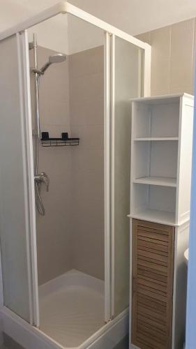 une douche avec une porte vitrée dans une salle de bain dans l'établissement Gite Duguesclin, à La Flocellière