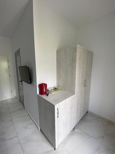 uma cozinha com um balcão com uma tigela vermelha em Eraldo's Rooms and Apartments em Sarandë