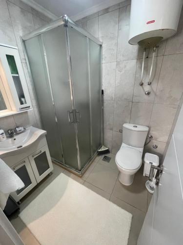 a bathroom with a shower and a toilet and a sink at Apartment Soreja in Ulcinj