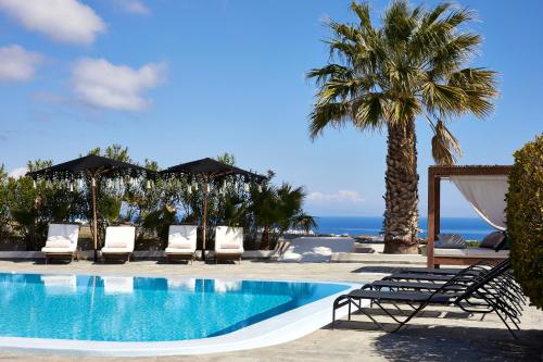 a pool with chairs and a palm tree and the ocean at Aquaria Villa in Karterados