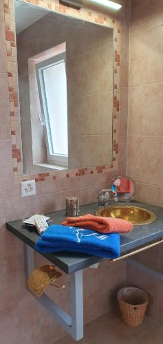 a bathroom with a counter with a sink and a mirror at L'Aurosée in Savièse