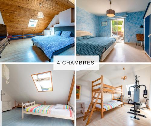 un collage de cuatro fotos de un dormitorio en Les Hortensias à 50 m de la plage de Trestraou en Perros-Guirec