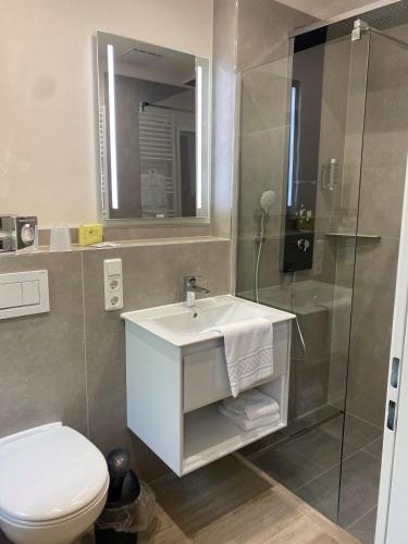 a bathroom with a toilet and a sink and a shower at Hotel Bären in Bernkastel-Kues