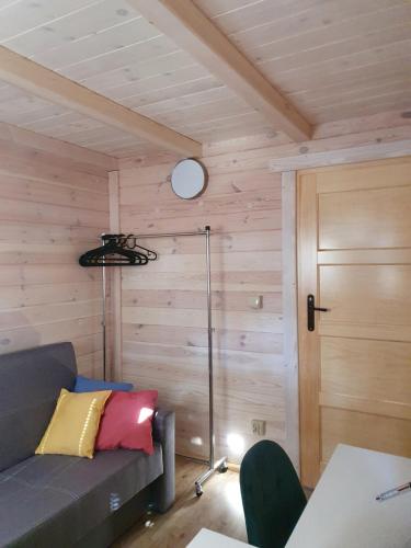 a living room with a couch and a lamp at Szteklin os. Nowe in Szteklin
