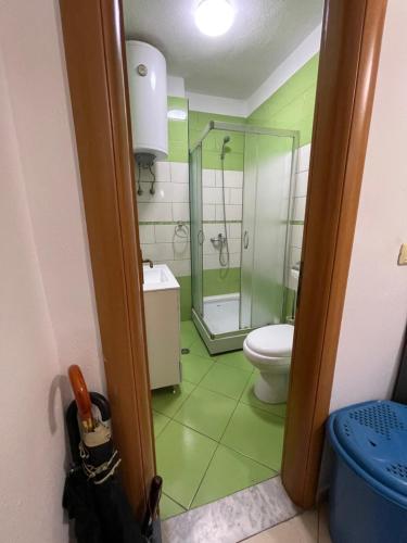 a bathroom with a toilet and a glass shower at City Center With Lake View One Bedroom Apartment in Pogradec