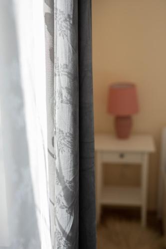 a close up of a curtain in front of a window at Firpo Apartman in Eger