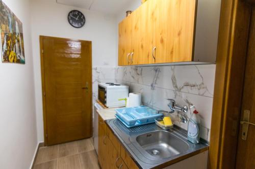 eine Küche mit einer Spüle und einer Mikrowelle in der Unterkunft Apartman OLGA in Perućac