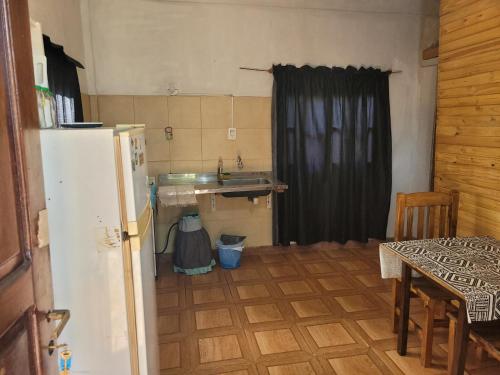 uma cozinha com um frigorífico, um lavatório e uma mesa em Lautaro alojamiento em Posadas