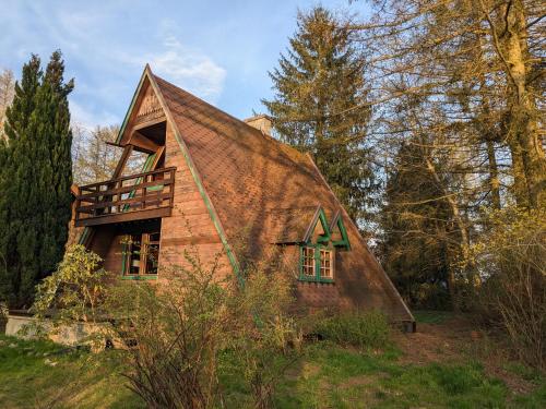 Domek wakacyjny Lachertówka Ostrów Wielki في Gil Mały: منزل به سقف من القش في الغابة
