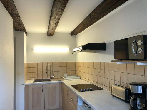 une cuisine avec un évier et un micro-ondes dans l'établissement Quai des Pêcheurs - Vue Cathedrale, à Strasbourg