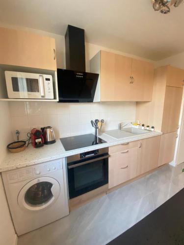 une cuisine avec une machine à laver et un évier dans l'établissement Studio Moderne au Victor Hugo, aux Mureaux