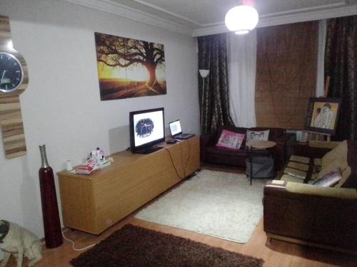 a living room with a couch and a tv in it at A cosy flat near sea and subway in Konak