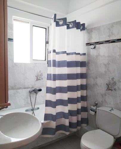 a bathroom with a sink and a toilet and a shower curtain at Aegean Breeze Beach House in Artemida