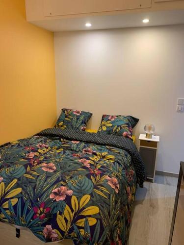 - une chambre avec un lit doté d'un couvre-lit coloré dans l'établissement Appartement Etat neuf La Chantalane -proche centre-ville, à Cannes