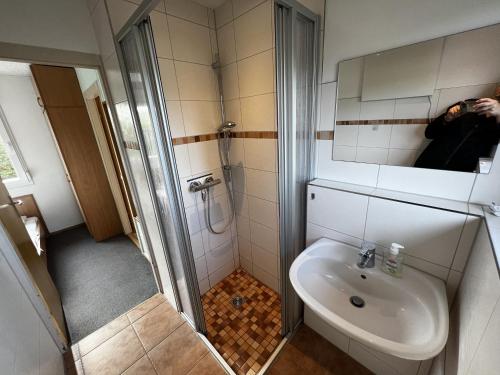 ein Bad mit einer Dusche, einem Waschbecken und einem Spiegel in der Unterkunft Mona in Graal-Müritz