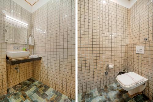 two pictures of a bathroom with a toilet and a sink at Hotel Seven- Center of City Chandigarh in Chandīgarh