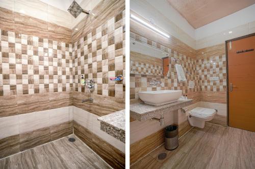two pictures of a bathroom with a sink and a toilet at Hotel Seven- Center of City Chandigarh in Chandīgarh