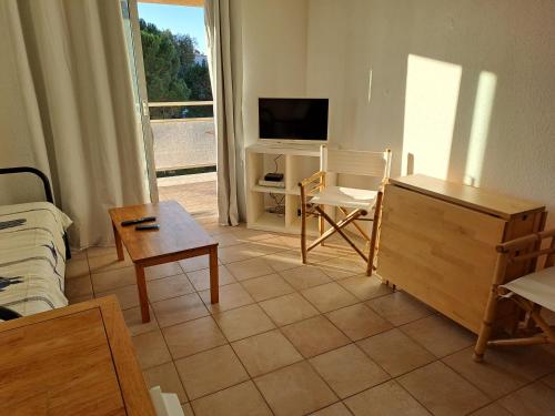 een woonkamer met een televisie, een bank en een tafel bij STUDIO PORT 200 M PLAGE in Canet-en-Roussillon