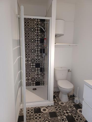 een badkamer met een toilet en een glazen douche bij STUDIO PORT 200 M PLAGE in Canet-en-Roussillon
