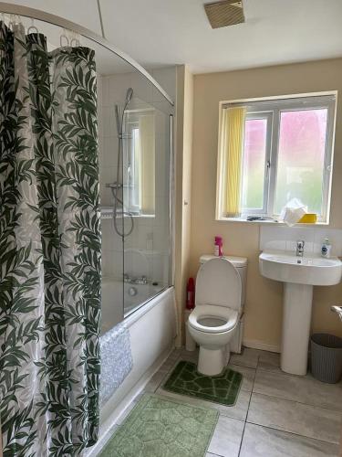a bathroom with a shower and a toilet and a sink at Rooms 7 minutes from Etihad in Manchester