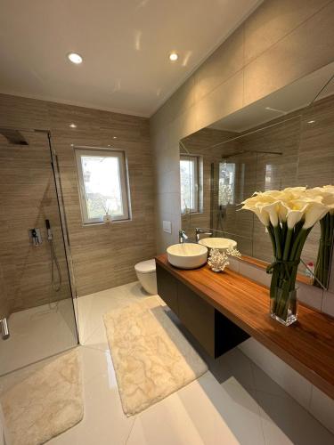 a bathroom with a sink and a toilet and a mirror at NEW!!! 2024 MAREA apartments with XXL Sunny Terrace in Poreč