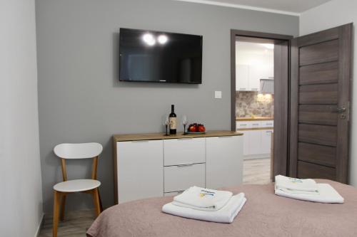 a room with a bed and a tv on the wall at PENSJONAT SUNRISE Fishing,Kajaks,Tretboote Grill Gratis in Świnoujście