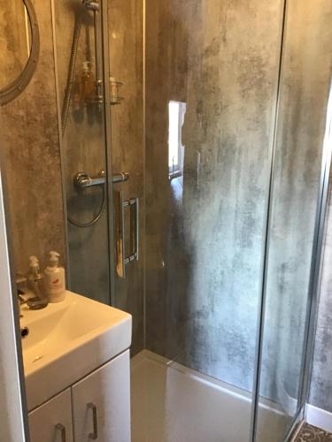 een badkamer met een douche en een wastafel bij The Royal Hotel in Stranraer