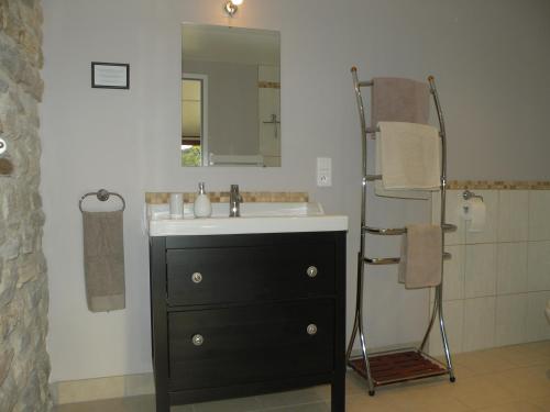 ein Bad mit einem Waschbecken und einem Spiegel in der Unterkunft Maison Les Fraysses in Bellefont-La Rauze