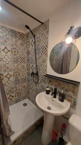 une salle de bain avec un lavabo, des toilettes et une douche dans l'établissement Studio avec salle d'eau, wc et coin cuisine, à Signes